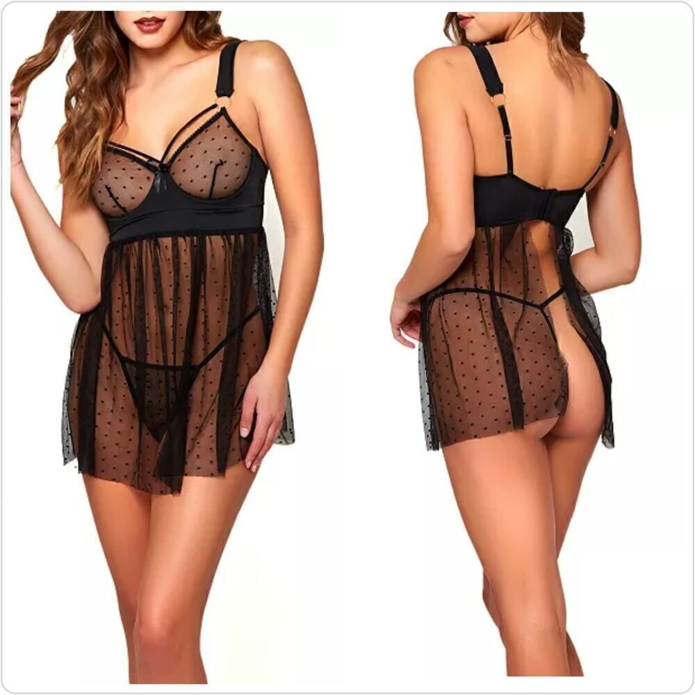 iCollection Roma Swiss Dot Stretch Mesh Babydoll Lingerie sz S